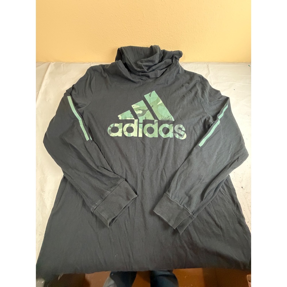 Adidas Womens XL Black Green Camo Graphic Logo Long Sleeve Hooded T-Shirt AA7040